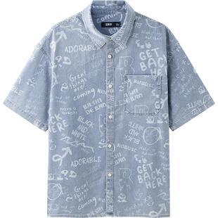 森柔牛仔|森马短袖衬衫男复古水洗牛仔外套宽松夏季上衣时尚潮流