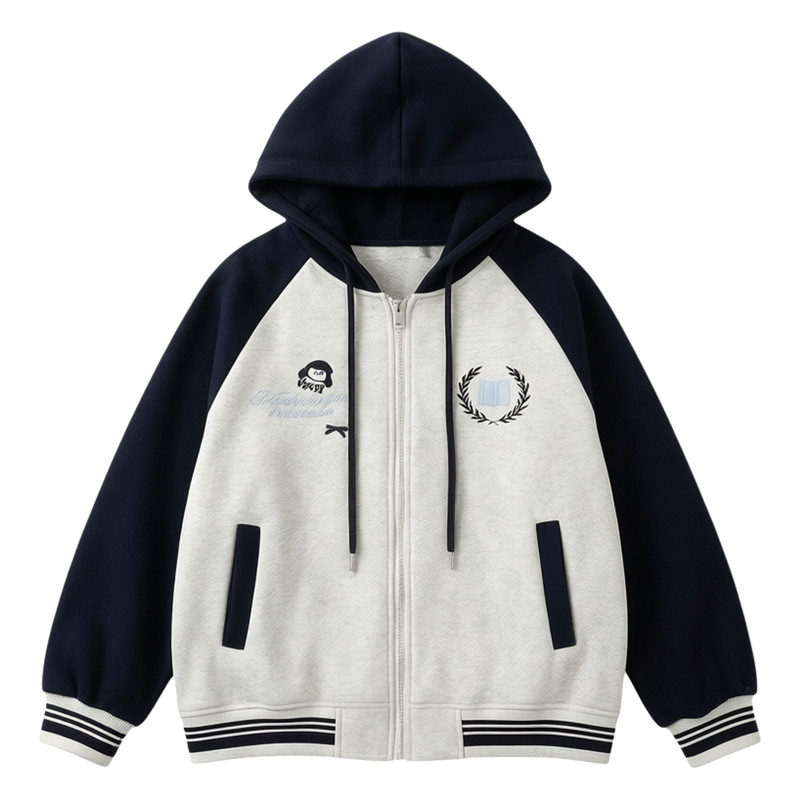 春秋新款女童连帽拼色棒球服外套