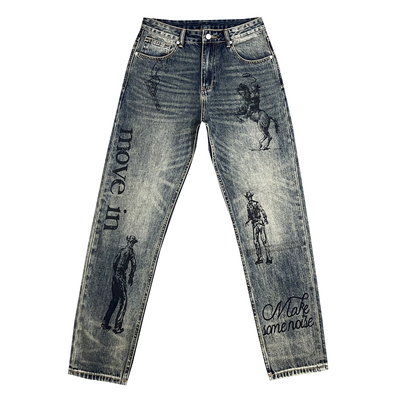 微垮烫印复古做旧锥形牛仔裤男