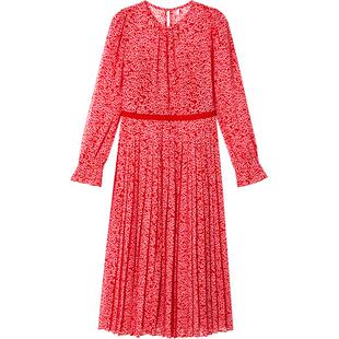 LK BENNETT红色爱心印花连衣裙女新款春季长袖薄纱百褶裙长裙