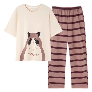 睡衣女士夏季短袖纯棉带胸垫2025新款大码夏天圆领套装夏款家居服