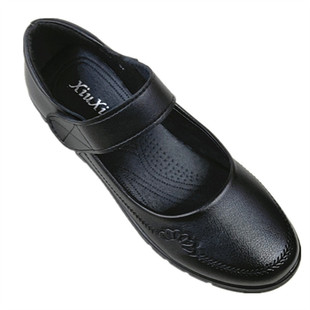 平底软底工作鞋黑色浅口单鞋魔术贴妈妈鞋子低跟中老年女鞋软皮鞋