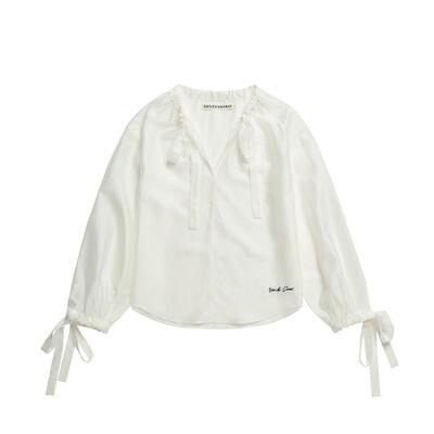 IIIVIVINIKO2026夏季新款浪漫荷叶边V领系带衬衫女M620412147C