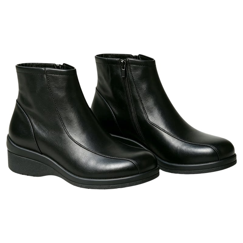 壹家shoes740073羊皮4cm坡跟散步短靴2025新款圆头平底秋冬小皮靴
