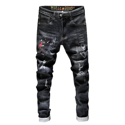 中国风刺绣印花潮流小脚牛仔裤