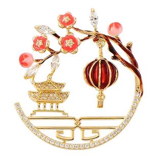 中国风红色灯笼梅花胸针女设计感小众秋冬胸花新中式旗袍别针配饰