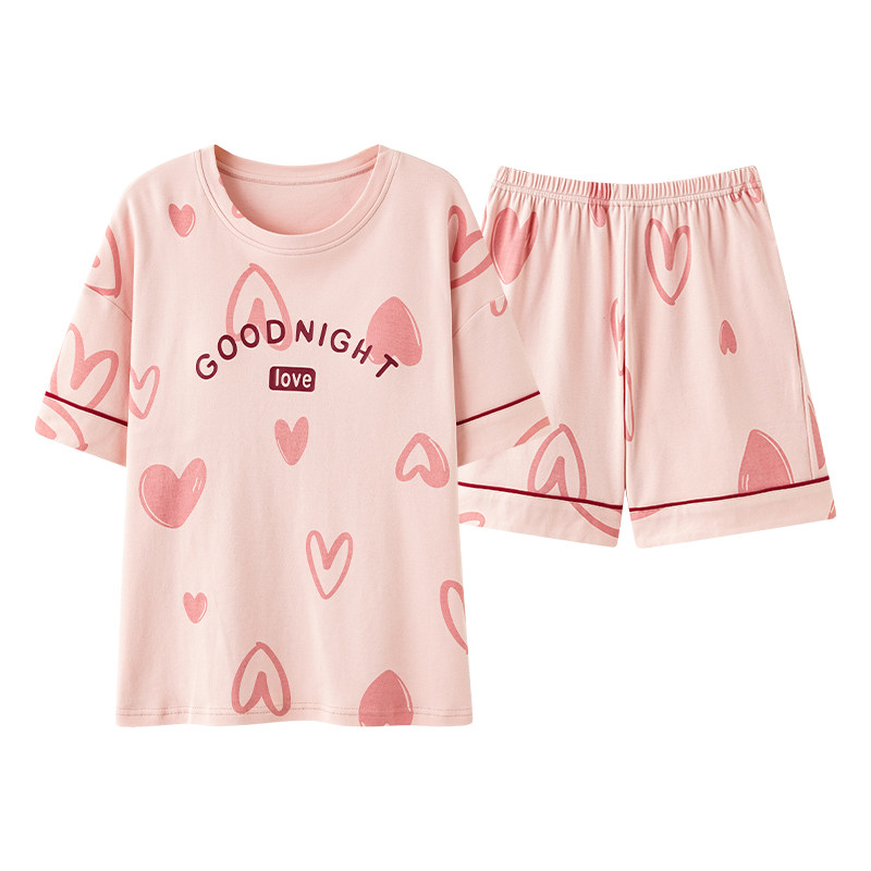 啄木鸟带胸垫睡衣女夏季纯棉短袖短裤卡通可爱风可外穿家居服套装