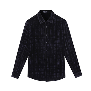 ANDREW MACKENZIE意大利男装时尚丝绒格纹柔软舒适黑色长袖衬衫