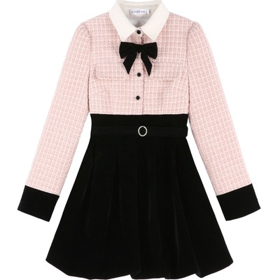 粉色小香风粗花呢加厚连衣裙女