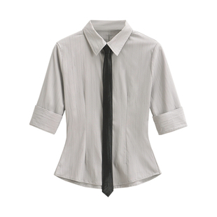 YoungGirlDay御姐纯欲韩系OL单排扣修身收腰显瘦中袖领带衬衫上衣