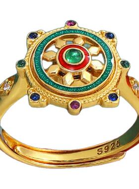 民族风纯银镀金可转动金轮戒指