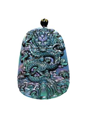 天然彩虹眼黑曜石龙牌毛衣链吊坠