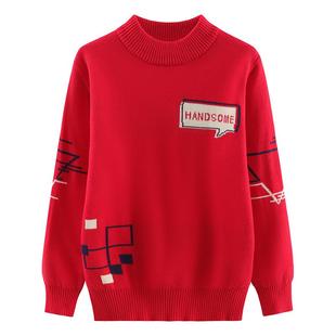 2025秋冬新款男童毛衣中大童加绒加厚红儿童中大童套头男孩针织衫