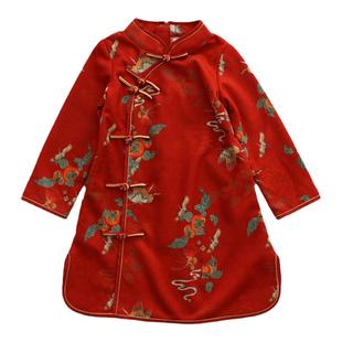 女童红色鹿皮绒盘扣旗袍儿童唐装民国风汉服连衣裙古装26新款春秋