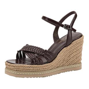 MILLIE'S/妙丽编织一字带坡跟凉鞋女夏厚底松糕显瘦增高法式仙女G