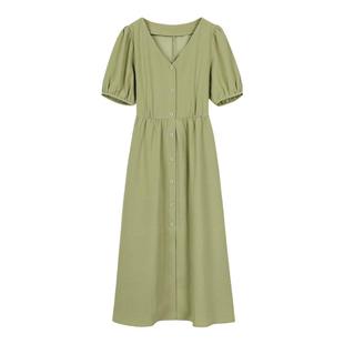 弥古v领法式绿色连衣裙气质收腰长裙女夏三亚度假沙滩裙海边裙子