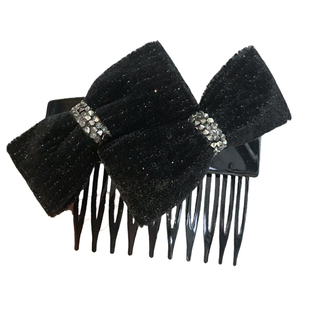 韩国复古轻奢小香风丝绒黑色双蝴蝶结水钻发梳装饰发簪插梳盘发饰