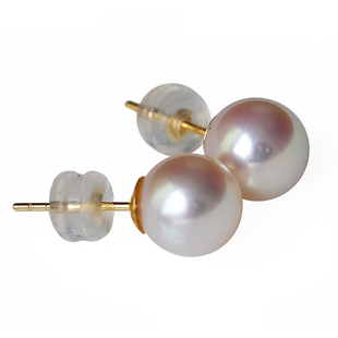 V＆C18K金日本AKOYA海水珍珠耳钉天女级粉色珍珠素钉正圆无暇强光