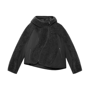羊毛混纺 半圆女装[运动]2025冬宽松休闲不规则连帽小立领外套女
