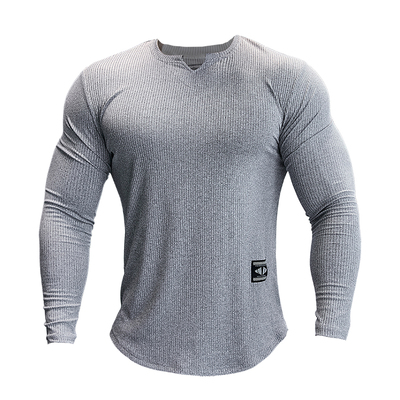 撸铁狼长袖t恤男款运动速干紧身衣修身V领打底衫健身服白色内搭春