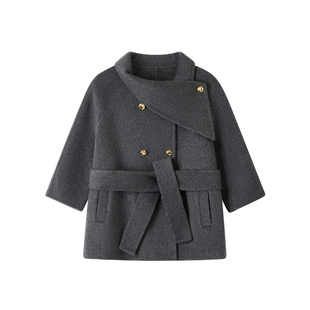 OPCP儿童呢大衣秋冬新款男女童亲子双面羊毛外套中大童中长款风衣