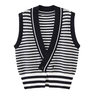 归路谭松韵归晓同款衣服条纹无袖针织背心v领开衫马甲宽松外套女