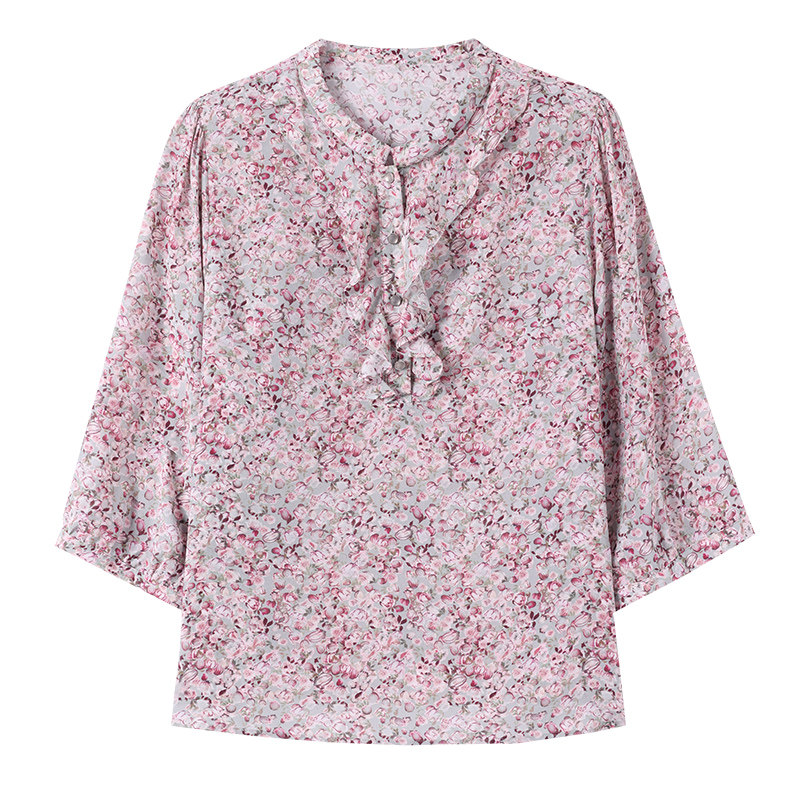 妈妈装花边碎花朵印花桑蚕丝上衣