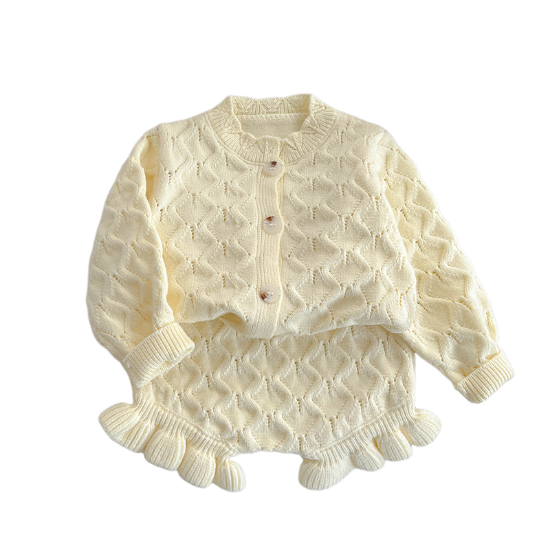 女宝宝春秋装新款针织套装婴儿长袖镂空毛衣开衫女童花边包屁短裤