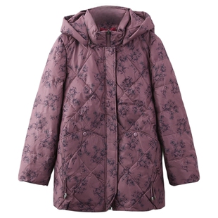 依佈妈妈装冬季新款印花羽绒服中长款保暖外套中老年宽松保暖上衣