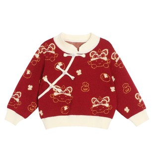 NORNOR女婴童毛衣连衣裙冬季保暖中式红色好看儿童圣诞年衣战袍