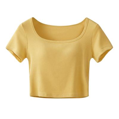 2024新款带胸垫方领短袖T恤女短款纯色紧身正肩露脐白色打底上衣