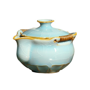 茶学堂哥窑防烫手抓壶盖碗水蓝釉泡茶碗一壶两杯开片可养功夫茶具