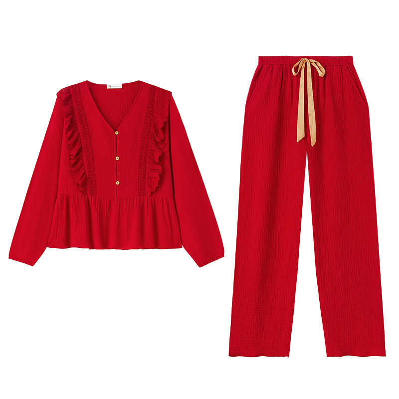 妮狄娅春纯棉喜庆情侣家居服套装