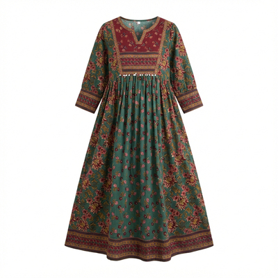 印度服饰进口连衣裙纯棉成人女印花气质度假高腰中长款七分袖薄款