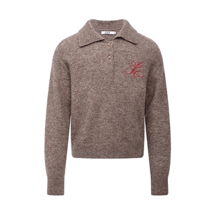 LILY2025冬新款女装羊毛羊驼毛混纺复古POLO领撞色刺绣套头针织衫