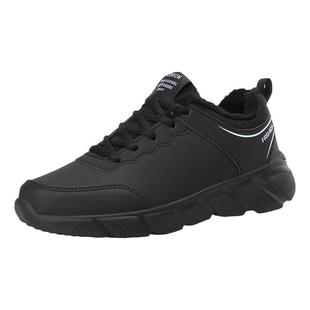 冬季新款加绒保暖女鞋皮面防水运动鞋百搭轻便休闲鞋黑色平底波鞋