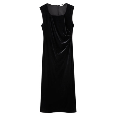 水云间黑色方领丝绒连衣裙女小鱼尾中长款宴会礼裙子设计感2026秋