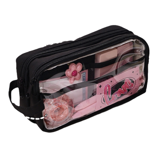 韩版大容量可视窗笔袋学生高级黑ins学院风拉链笔袋