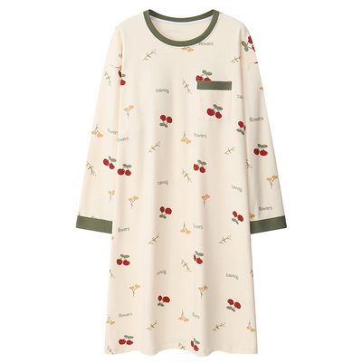 100％纯棉带胸垫女春秋长袖睡裙