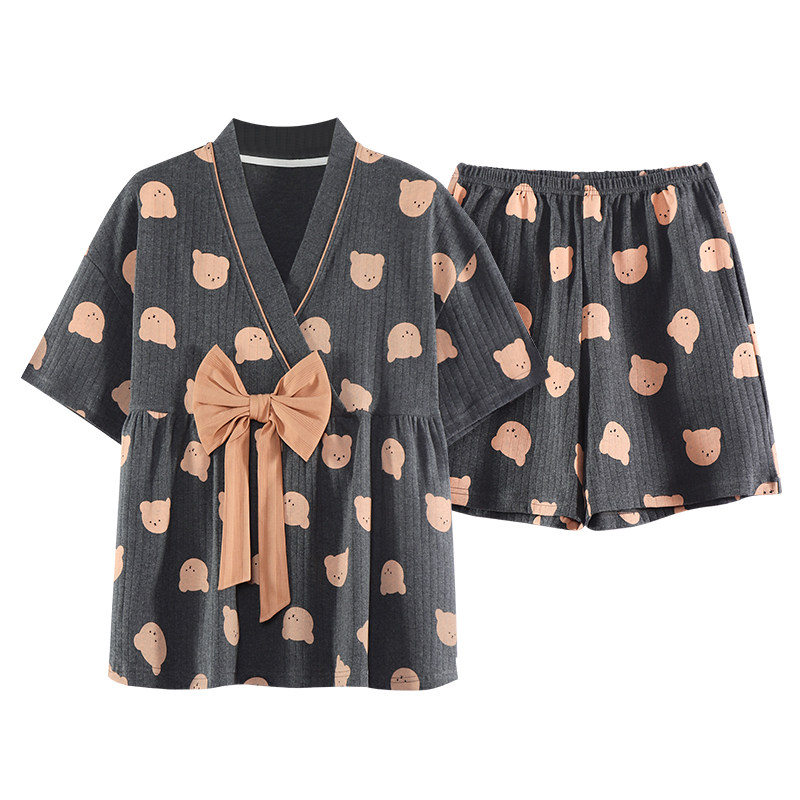 芬腾休女士夏季短袖短裤和服圆领纯棉带胸垫可外穿家居服睡衣套装