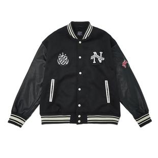 NPNG复古刺绣棒球夹克男秋冬仿皮革拼接廓形插肩袖情侣休闲外套