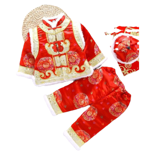 周岁礼服男宝男童唐装套装秋冬装男女宝宝百庆生送礼儿童拜年服红