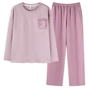 带胸垫睡衣女款春秋款纯棉长袖套头秋季100%全棉家居服套装可外穿