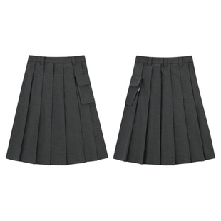 TreesBasic深灰色西装布百褶裙女士2025新款半身裙休闲纯色