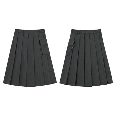 TreesBasic深灰色西装布百褶裙女士2025新款半身裙休闲纯色