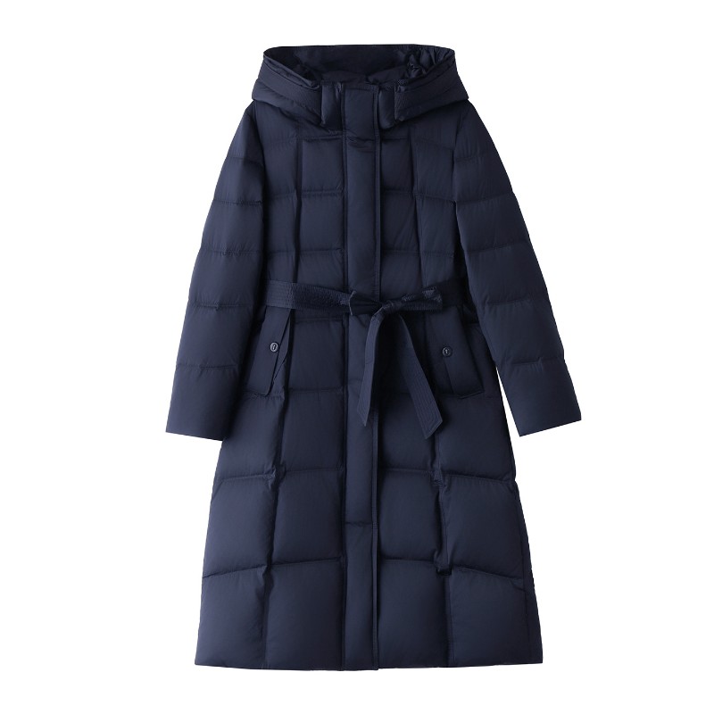 90鸭绒连帽羽绒服女2025冬季新款系带收腰加长款过膝棉袄外套
