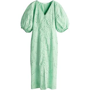 HM女装连衣裙春季优雅V领灯笼袖中长连衣A字裙1229166