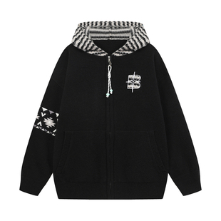 BIPOLAR菱形格费尔岛拼接开衫针织衫宽松韩系连帽氛围感毛衣外套