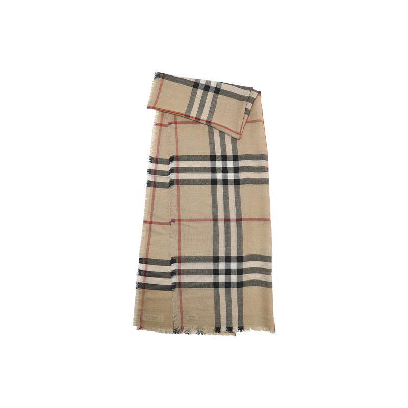 【自营】BURBERRY/博柏利绵羊毛桑蚕丝格纹装饰保暖长围巾披肩