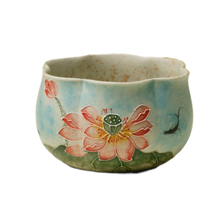 束刻纯手绘鱼戏莲花花口茶杯精致陶瓷喝茶杯品茗杯家用个人杯单杯